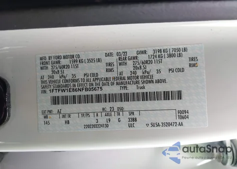 2022 Ford F-150 Lariat z USA, uszkodzony, nr VIN 1FTFW1E86NFB05675